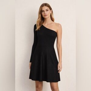 🌺 Sandro Paris Ribbed One Shoulder Knit Black Fit & Flare Dress